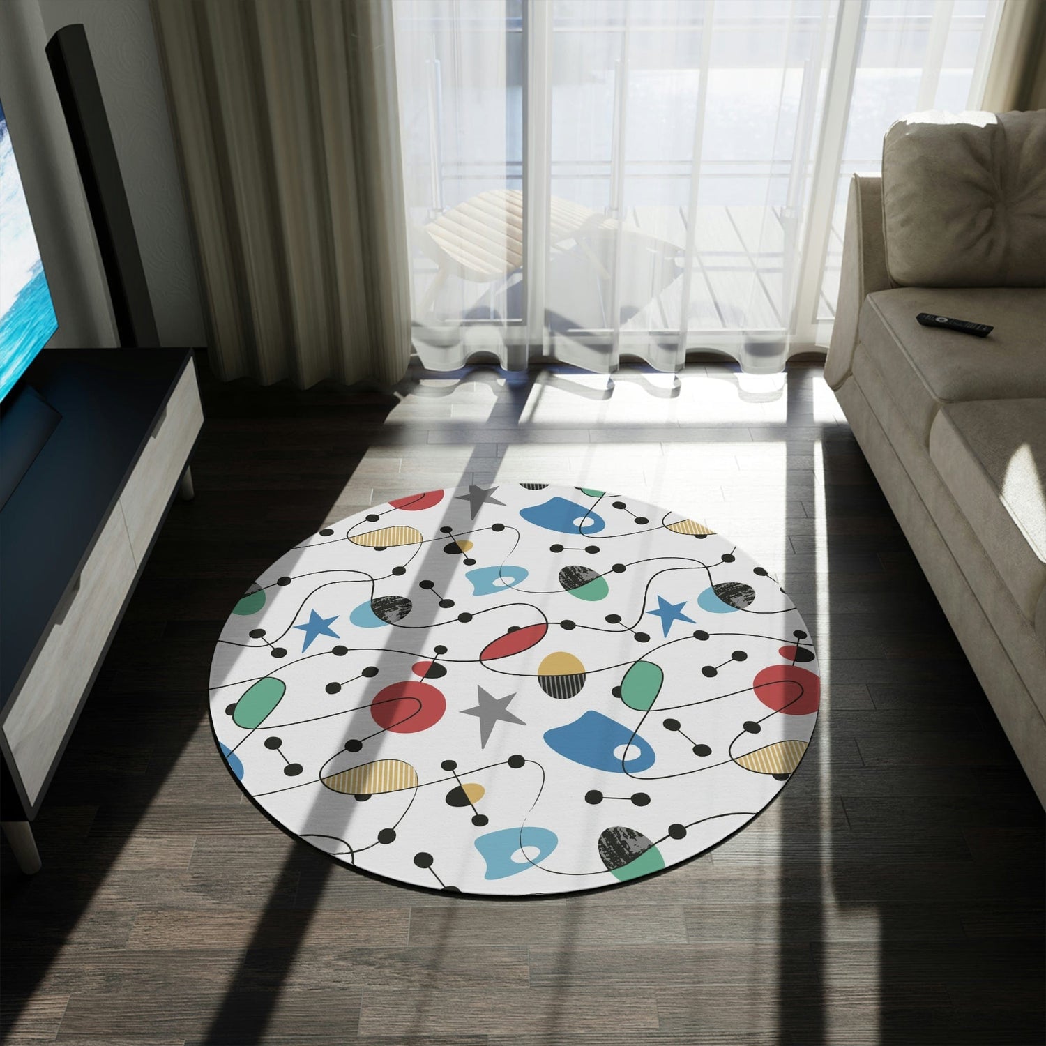 Mid Century Modern Atomic Space Living Room, Bedroom, Office, Kitschy Retro Round Rug Home Decor 60&quot; × 60&quot;