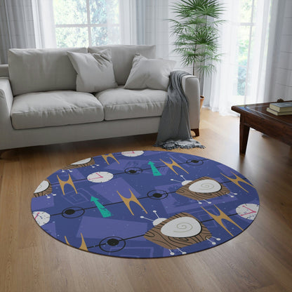 Mid Century Modern, Kitschy Periwinkle Purple, Brown, Abstract Retro TV Funky Fun Round Rug Home Decor 60&quot; × 60&quot;