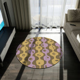 Mid Century Modern, Modernist Googie Design, Brown, Mustard Yellow, Periwinkle Purple Retro Round Rug Home Decor 60" × 60"
