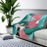 Atomic Cat, Retro Colored TV, Space Age Cats, Pink, Aqua, Teal Mid Century Modern Starbursts, Design by Mid Century Modern Gal Blanket Home Decor 60" × 80"