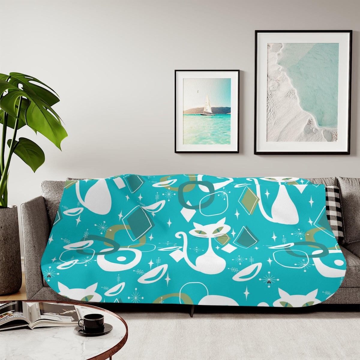 Atomic Cat Designs, Aqua Blue. Starburst, Atomic 50's Space Mod Designs, Sherpa Blanket Home Decor 60" × 80" / Beige