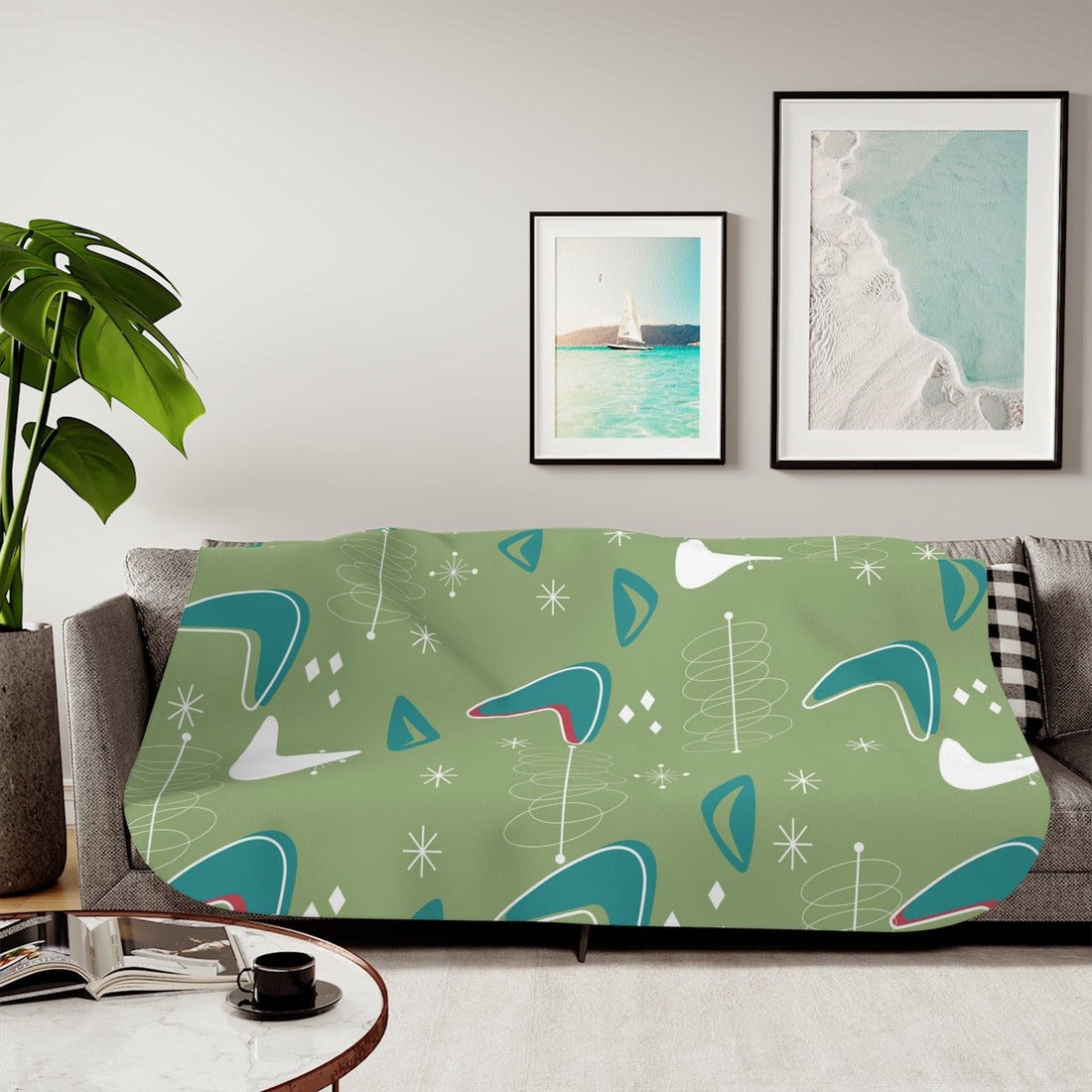 Mid Century Modern Cosmic Designs, Green, Teal, White Boomerang MCM Sherpa Blanket Home Decor 60&quot; × 80&quot; / Beige