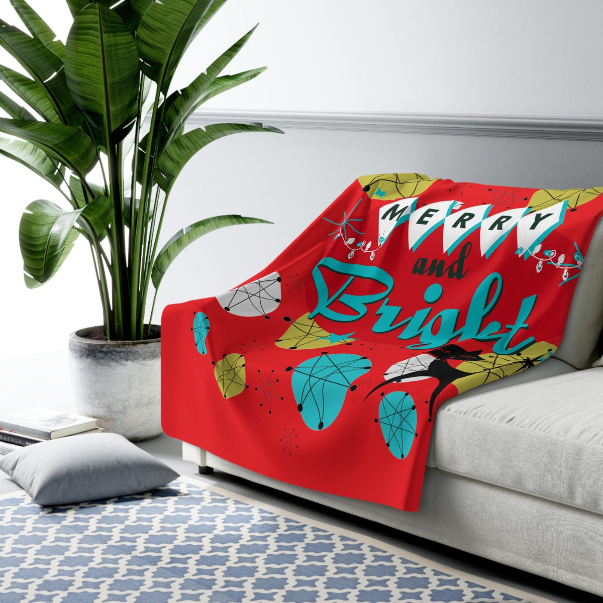 Mid Century Atomic Christmas Blanket, Red, Atomic Cat, Starburst Franciscan Pattern Sherpa Fleece Blanket Home Decor 60" × 80"