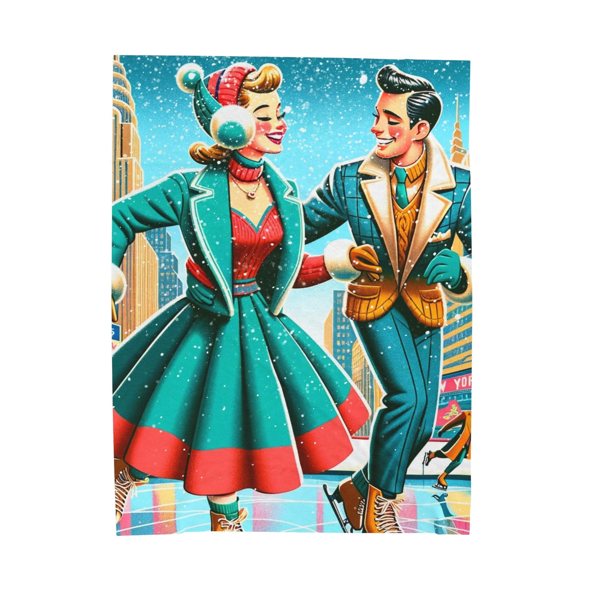Mid Century Modern 50s New York City Central Park Couple Skating Winter Decor Velveteen Plush Blanket All Over Prints 60" × 80"