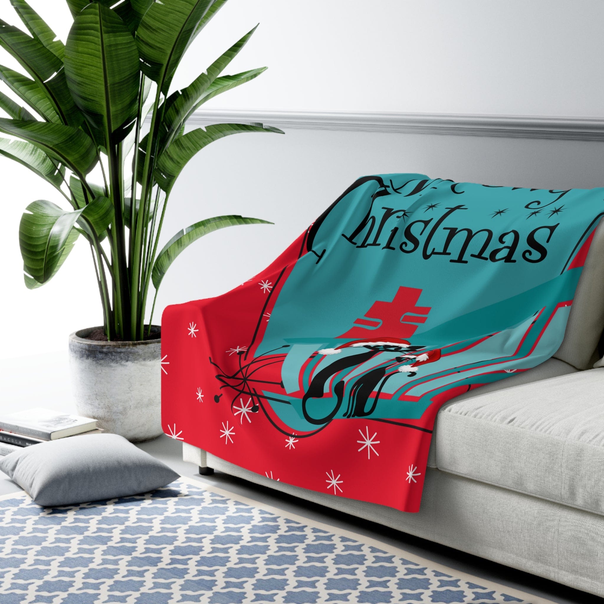 Mid Century Modern Christmas Red, Teal, Kitschy Aomic Cats, Meowy Christmas, Sherpa Fleece Blanket Home Decor 60&quot; × 80&quot;
