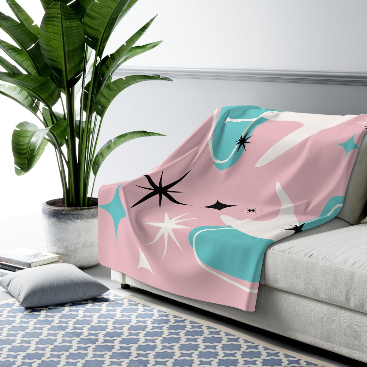 Mid Century Modern Designs, Atomic 50's Pink, Aqua, White Boomerang And Starburst Sherpa Fleece Blanket Home Decor 60" × 80"