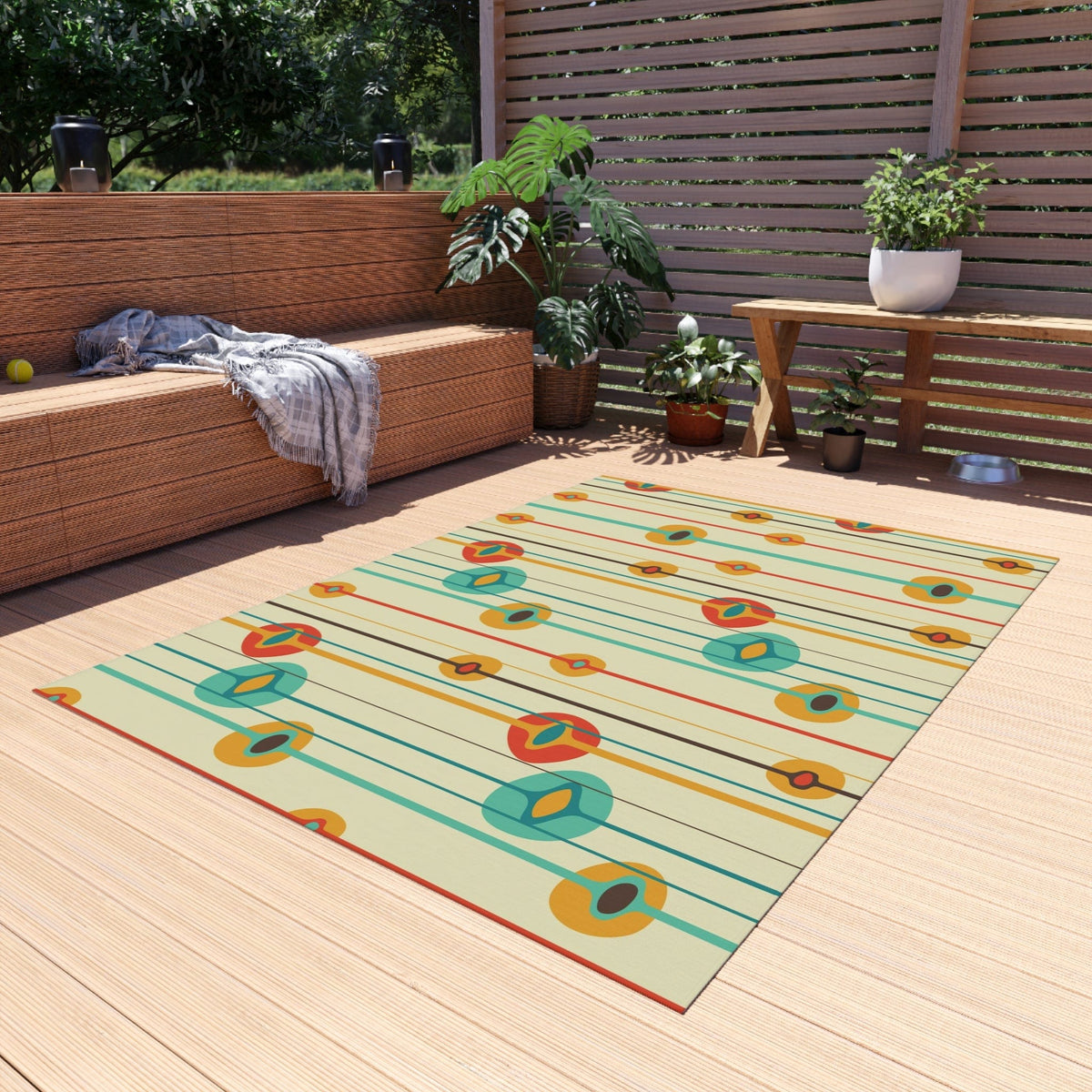 Mid Century Modern Geometric, MCM Indoor, Outdoor Rug, Teal, Aqua, Burnt Orange, Mustard Yellow,  California, Florida Patio Rug Home Decor 60" × 84"