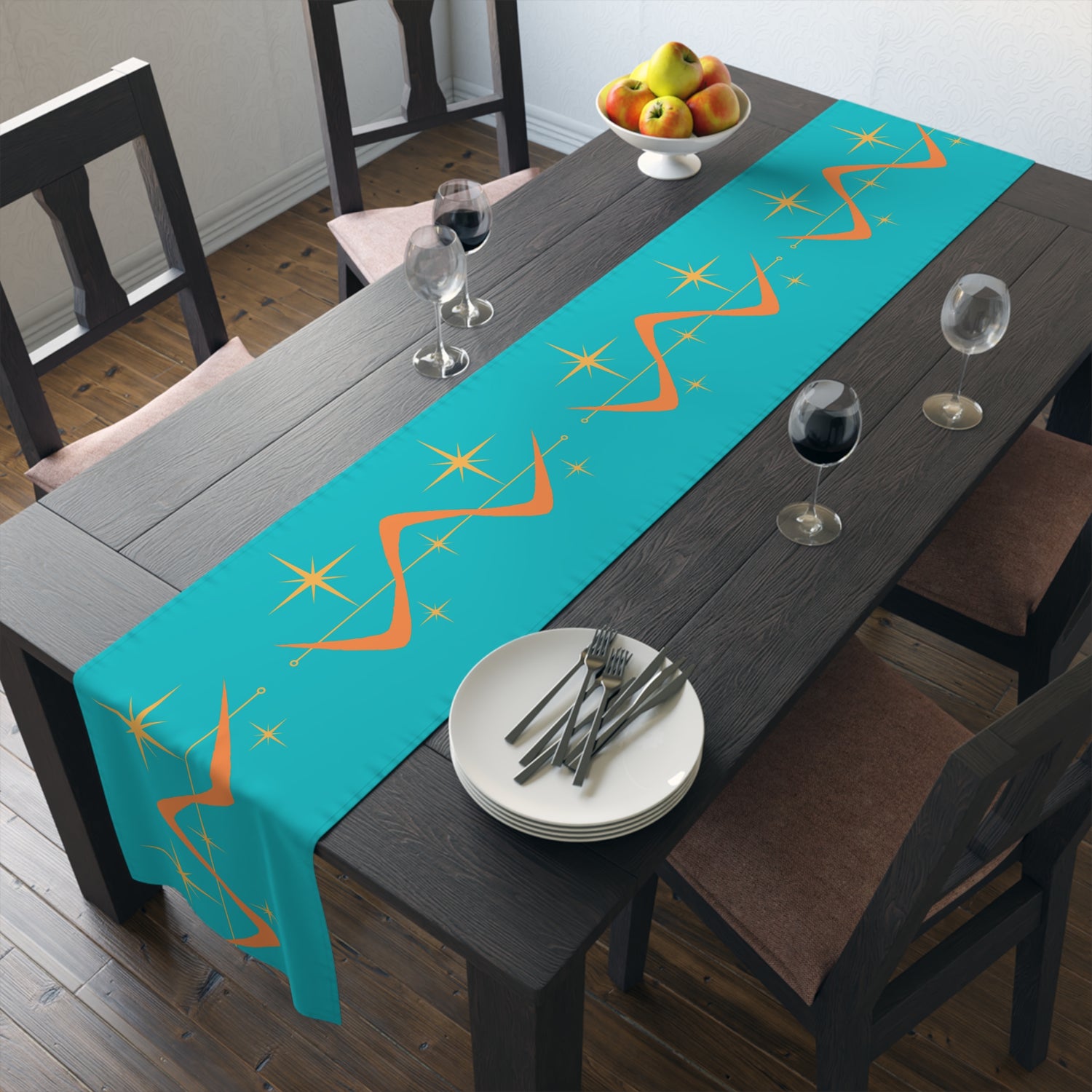 Atomic Boomerang Orange, Turquoise Blue, Yellow Starburst Mid Century Modern MCM Mid Mod Table Runner - Mid Century Modern Gal