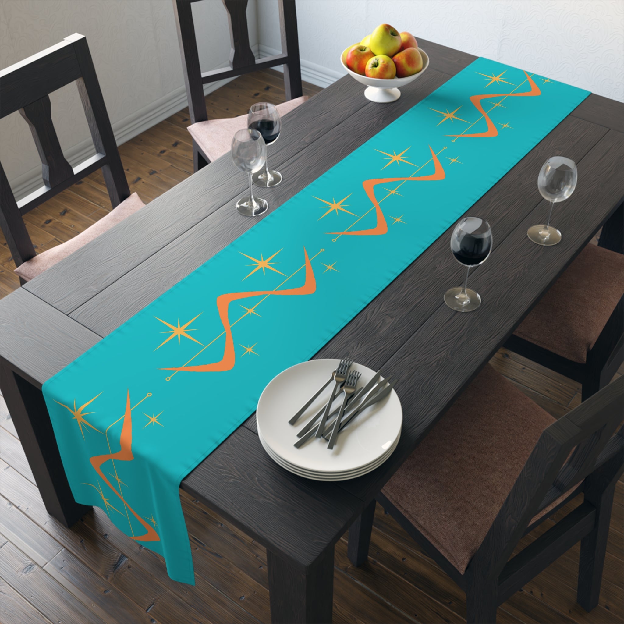 Atomic Boomerang Orange, Turquoise Blue, Yellow Starburst Mid Century Modern MCM Mid Mod Table Runner - Mid Century Modern Gal