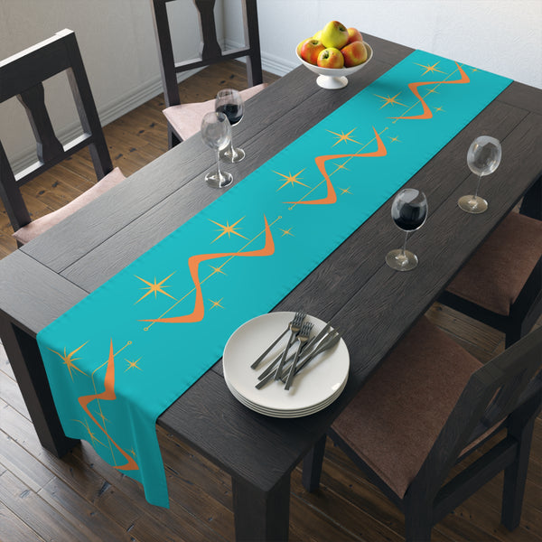 Atomic Boomerang Orange, Turquoise Blue, Yellow Starburst Mid Century Modern MCM Mid Mod Table Runner