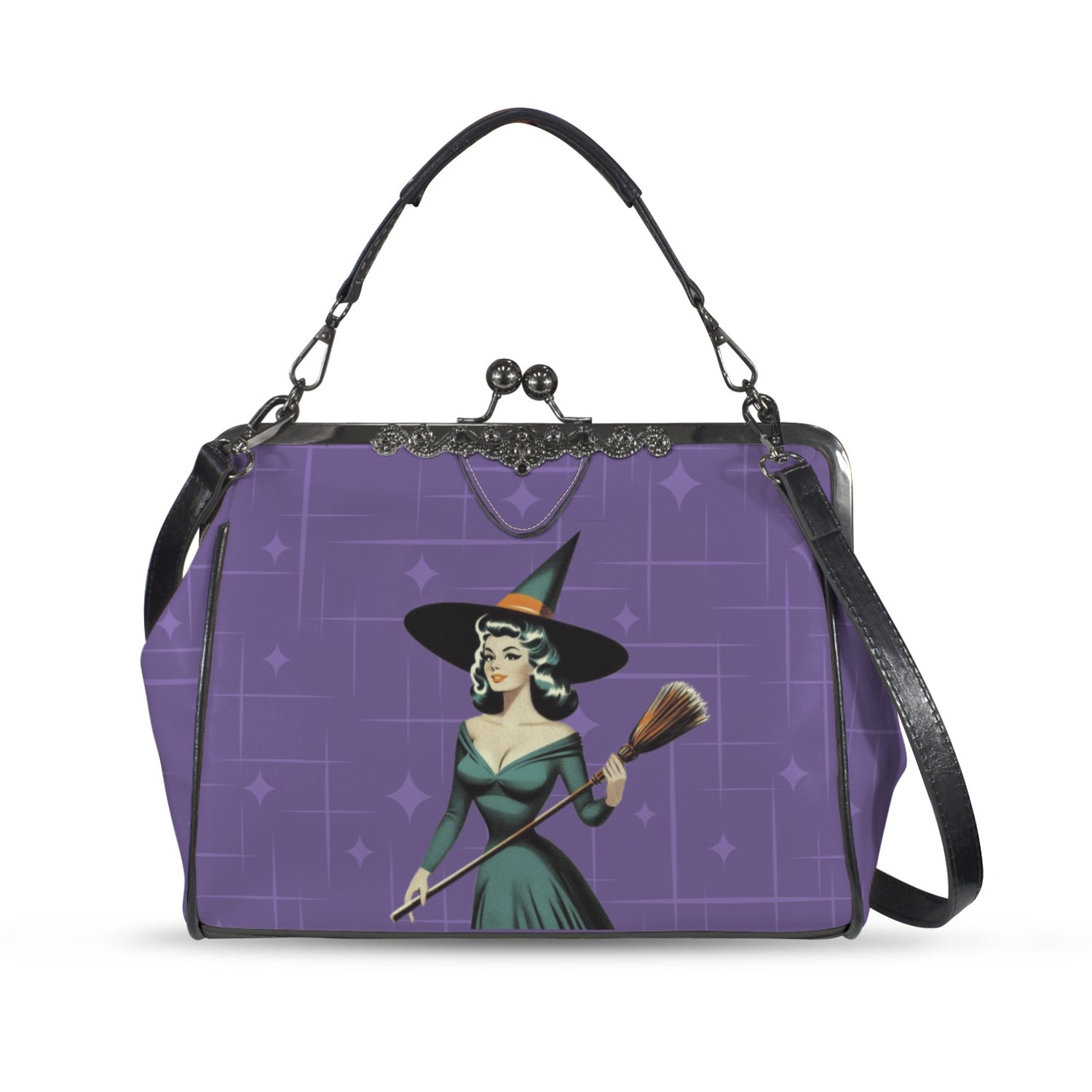 Mid Century Modern Vintage Pin Up Witch Purple Teal Halloween Kisslock Crossbody Purse - Mid Century Modern Gal