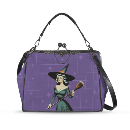 Mid Century Modern Vintage Pin Up Witch Purple Teal Halloween Kisslock Crossbody Purse - Mid Century Modern Gal
