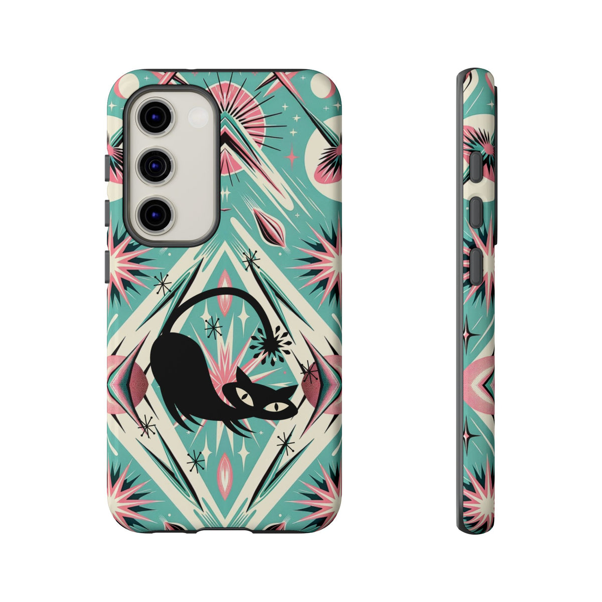 Atomic Cat, Mid Century Modern Aqua Blue, Pink, Starbursts Tough Phone Case