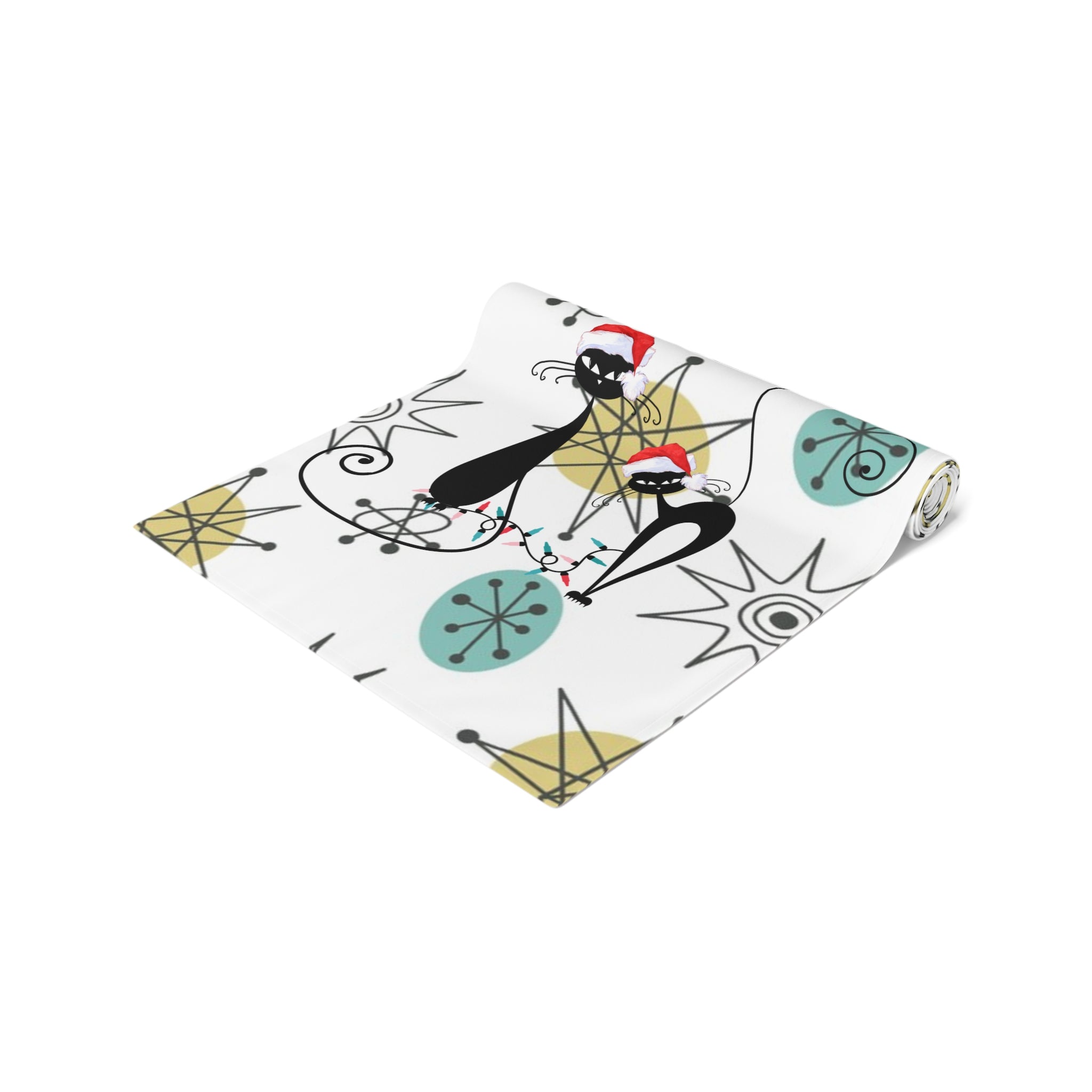 Mid Century Modern Franciscan Starburst, Kitschy 50s Atomic Cat Season Greetings Holiday Table Runner