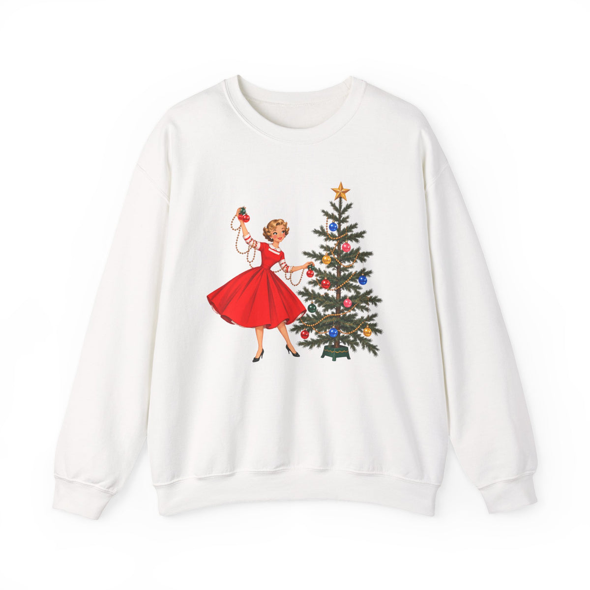 Mid Century Modern Gal Decorating Christmas Tree Unisex Heavy Blend™ Crewneck Sweatshirt - Mid Century Modern Gal