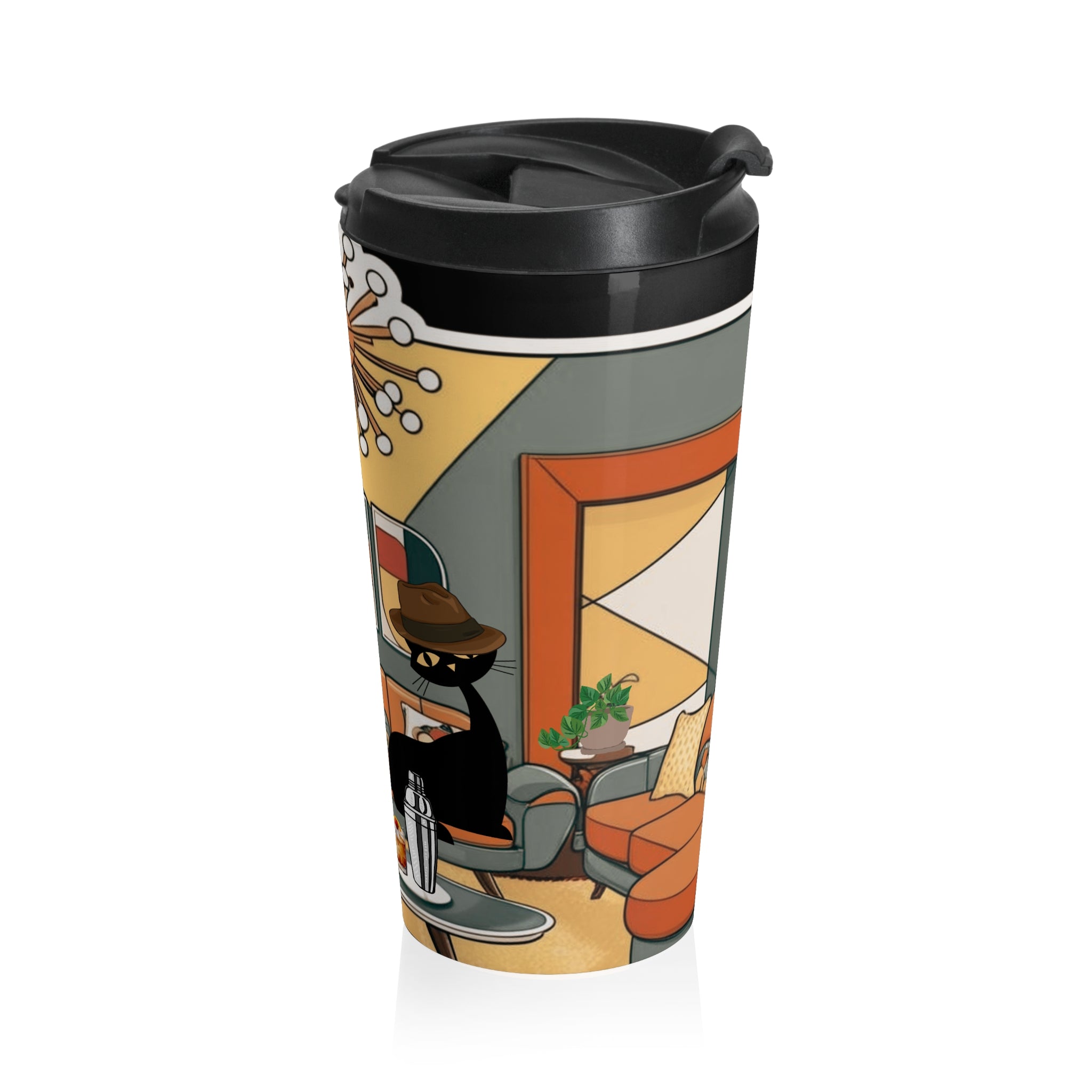 Mid-Century Modern Atomic Cat, Retro Stainless Steel Travel Mug - Stylish Coffee Cup for Home and Office - Mid Century Modern Gal