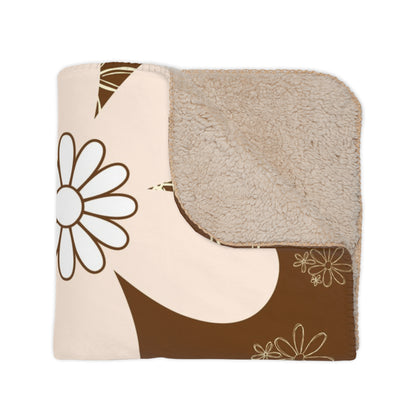 Retro Flower Power Brown, Orange Teal Pink Mid Mod Cozy Floral Tan Sherpa Blanket for Home &amp; Gifts - Mid Century Modern Gal