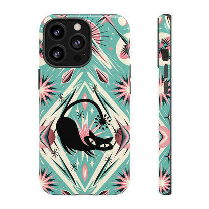 Atomic Cat, Mid Century Modern Aqua Blue, Pink, Starbursts Tough Phone Case
