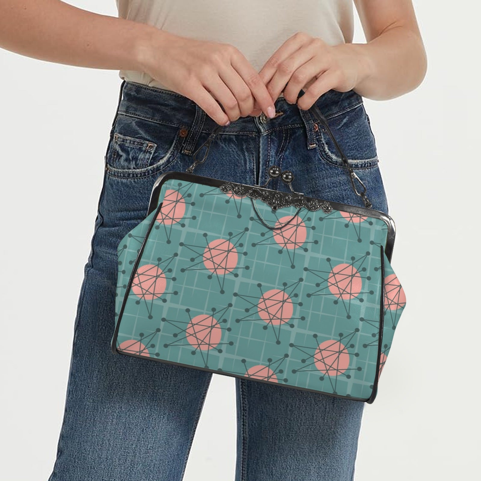 Mid Century Modern Atomic Starburst Teal Pink Kisslock Crossbody Purse - Mid Century Modern Gal