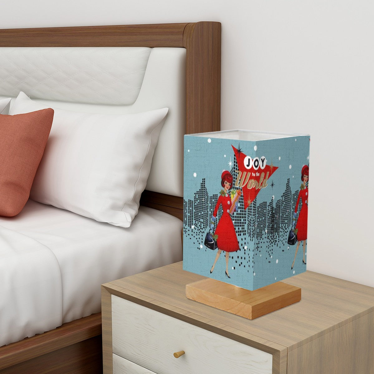 Mid Century Modern Christmas Table Lamp, Kitschy Joy To The World Mod Gal In City Square Table Lamp - Mid Century Modern Gal