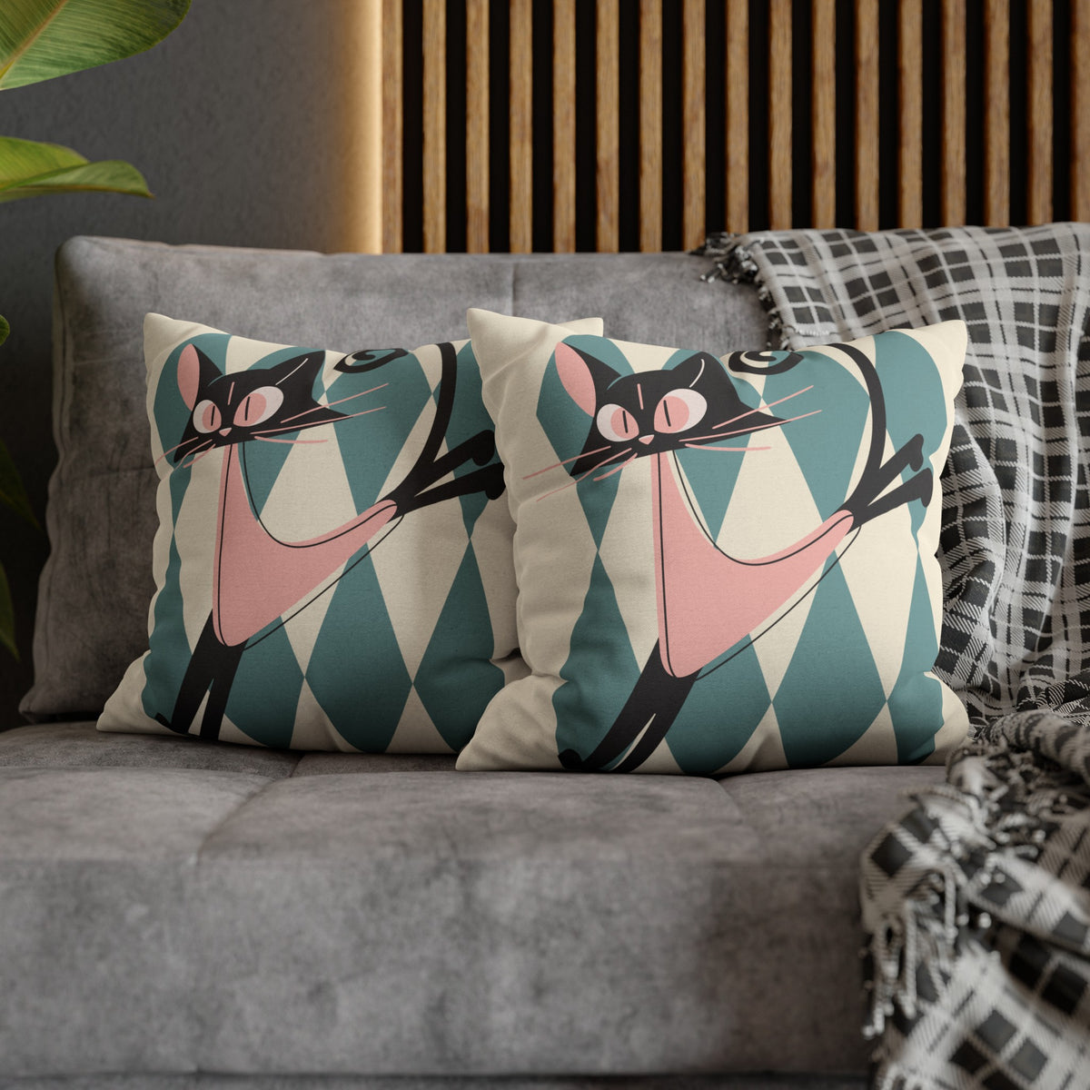 Atomic Kittie, Boomerang Mid Mod Atomic Cat, Harlequin Diamond Kitschy Pillow Cover - Mid Century Modern Gal