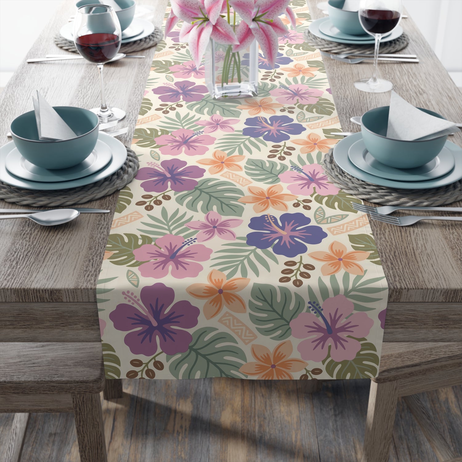 Retro Tropical Tiki Summer, Hawaiian Hibiscus Purple Table Runner