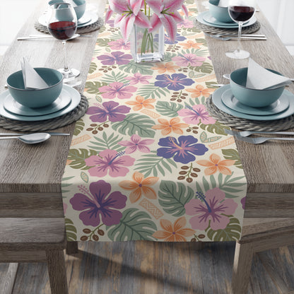 Retro Tropical Tiki Summer, Hawaiian Hibiscus Purple Table Runner