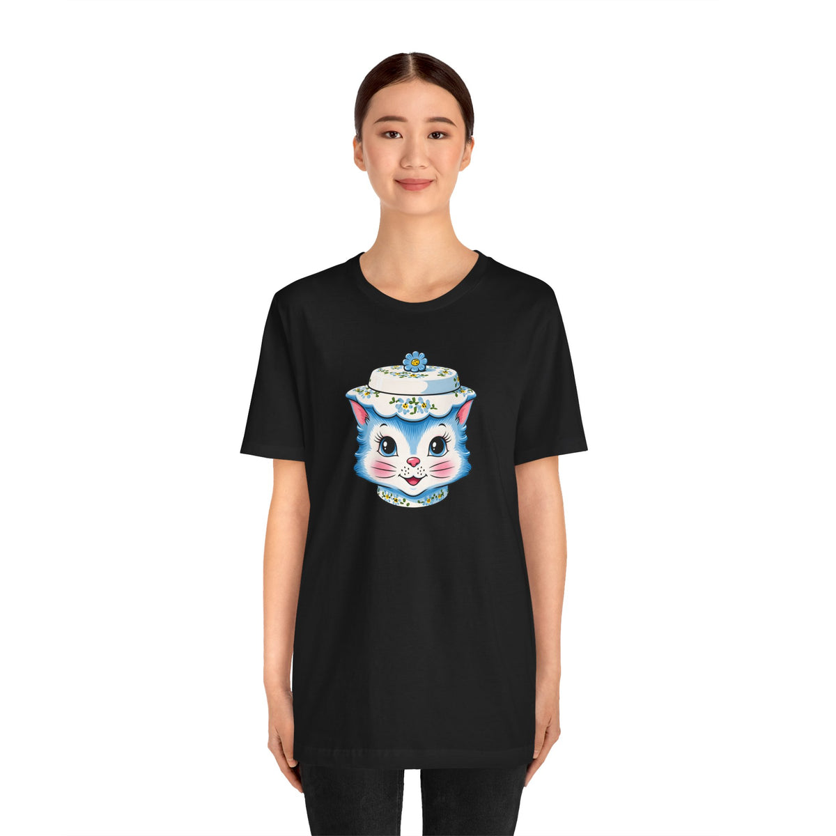Mid Century Modern Kitschy Anthropomorphic Blue Cat with Floral Hat Unisex T-Shirt