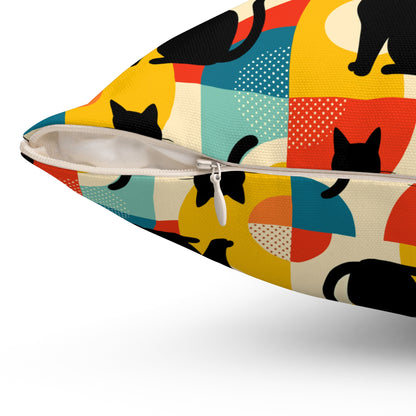 Pop Art Black Atomic Cats, Red Blue Yellow, Pillow Cover and Insert - Mid Century Modern Gal