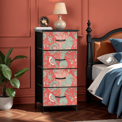 Chinoiserie Botanical Floral Coral, Mint Green Bohemian Floral 4-Drawer Dresser - Mid Century Modern Gal