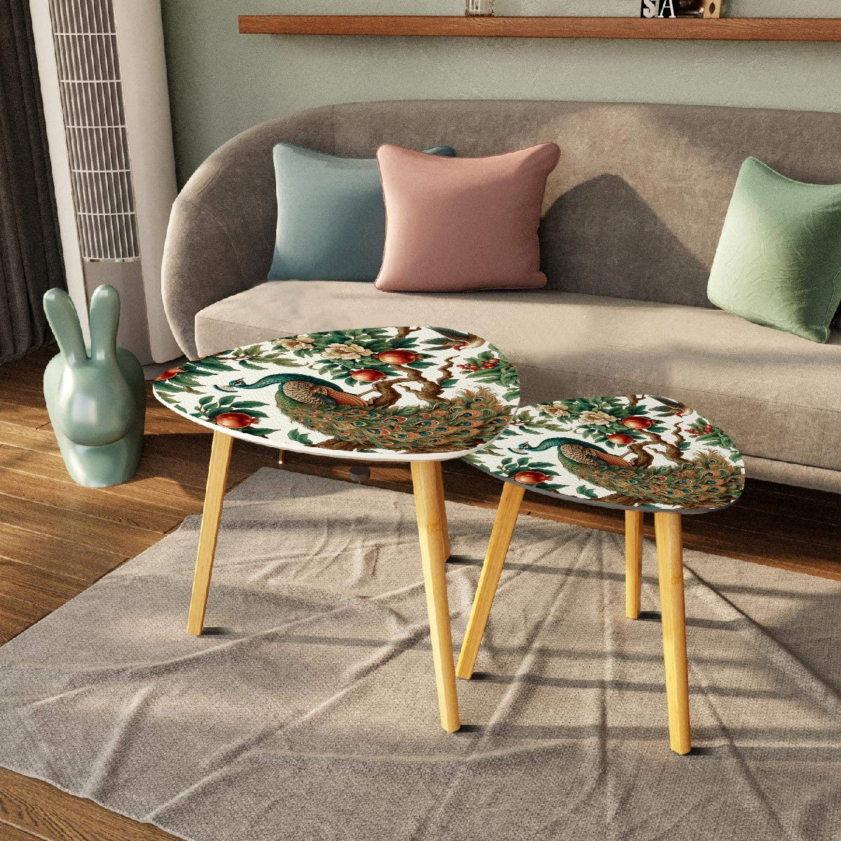 Chinoiserie Floral Peacock, Pomegranate Elegant Nesting Tables - Mid Century Modern Gal
