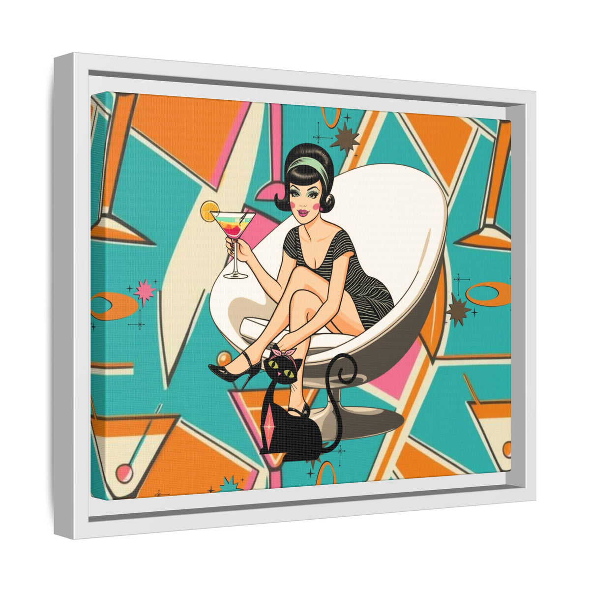 Framed matte canvas wall art featuring a vintage cocktail design with a retro cat and a stylish woman in a mid-century setting.