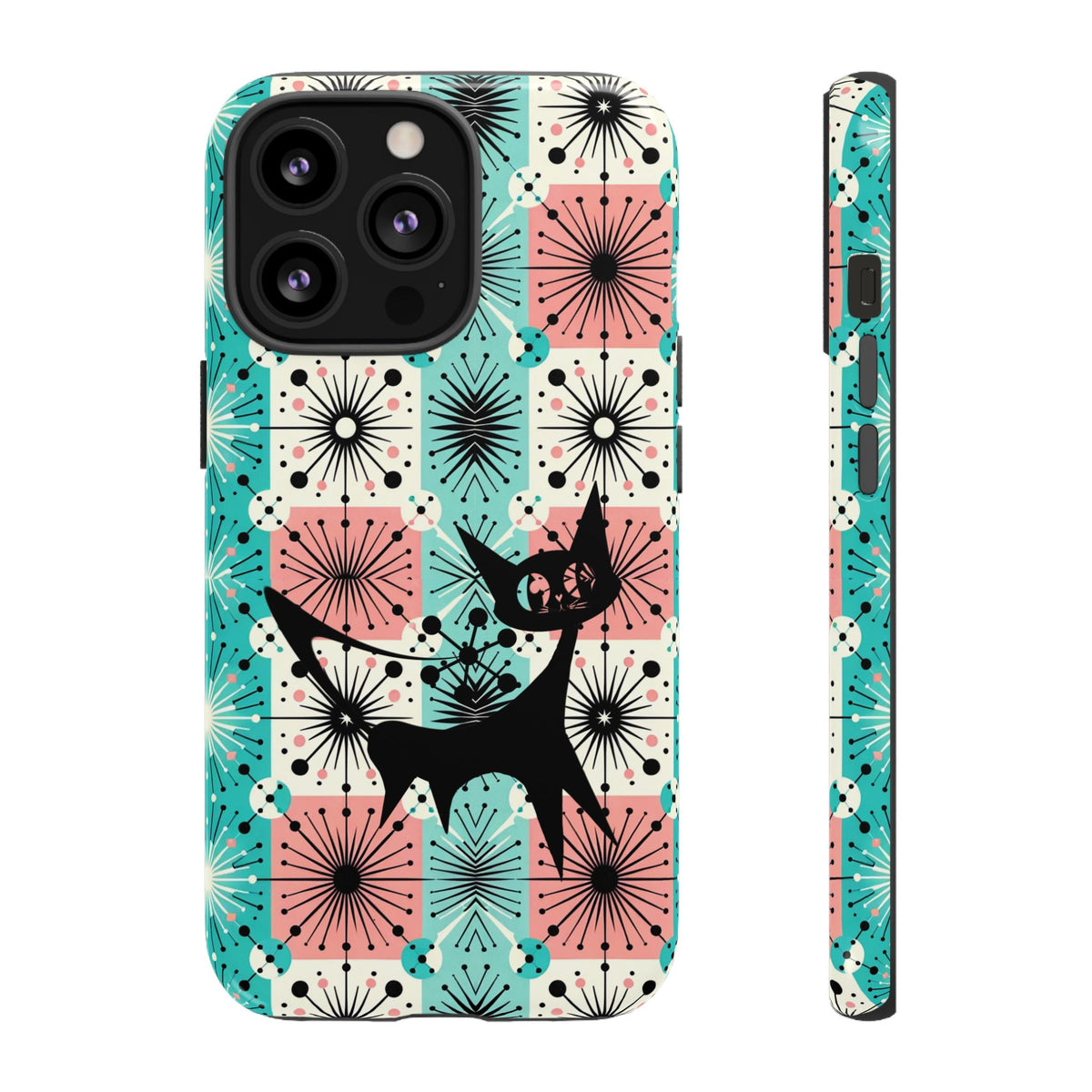 Atomic Kitschy Cat, Mid Century Modern Pink, Aqua Starbursts Tough Phone Case