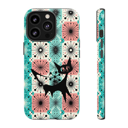 Atomic Kitschy Cat, Mid Century Modern Pink, Aqua Starbursts Tough Phone Case