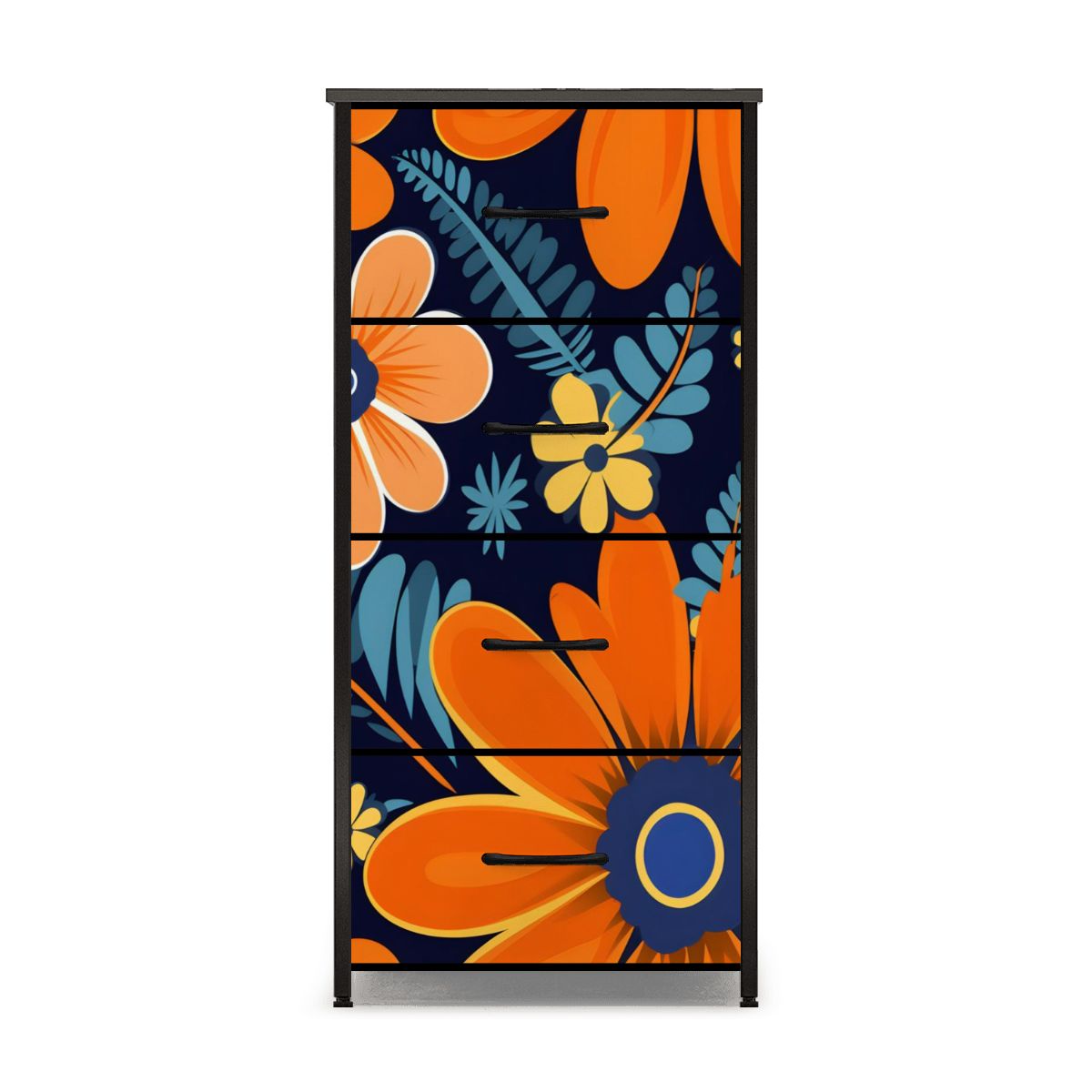 Bohemian Floral Navy Blue, Orange, Retro 4-Drawer Dresser - Mid Century Modern Gal