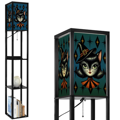 Vintage Halloween Black Cat Sexy Sexton Mid Century Modern Blue Floor Lamp with Shelves - Mid Century Modern Gal
