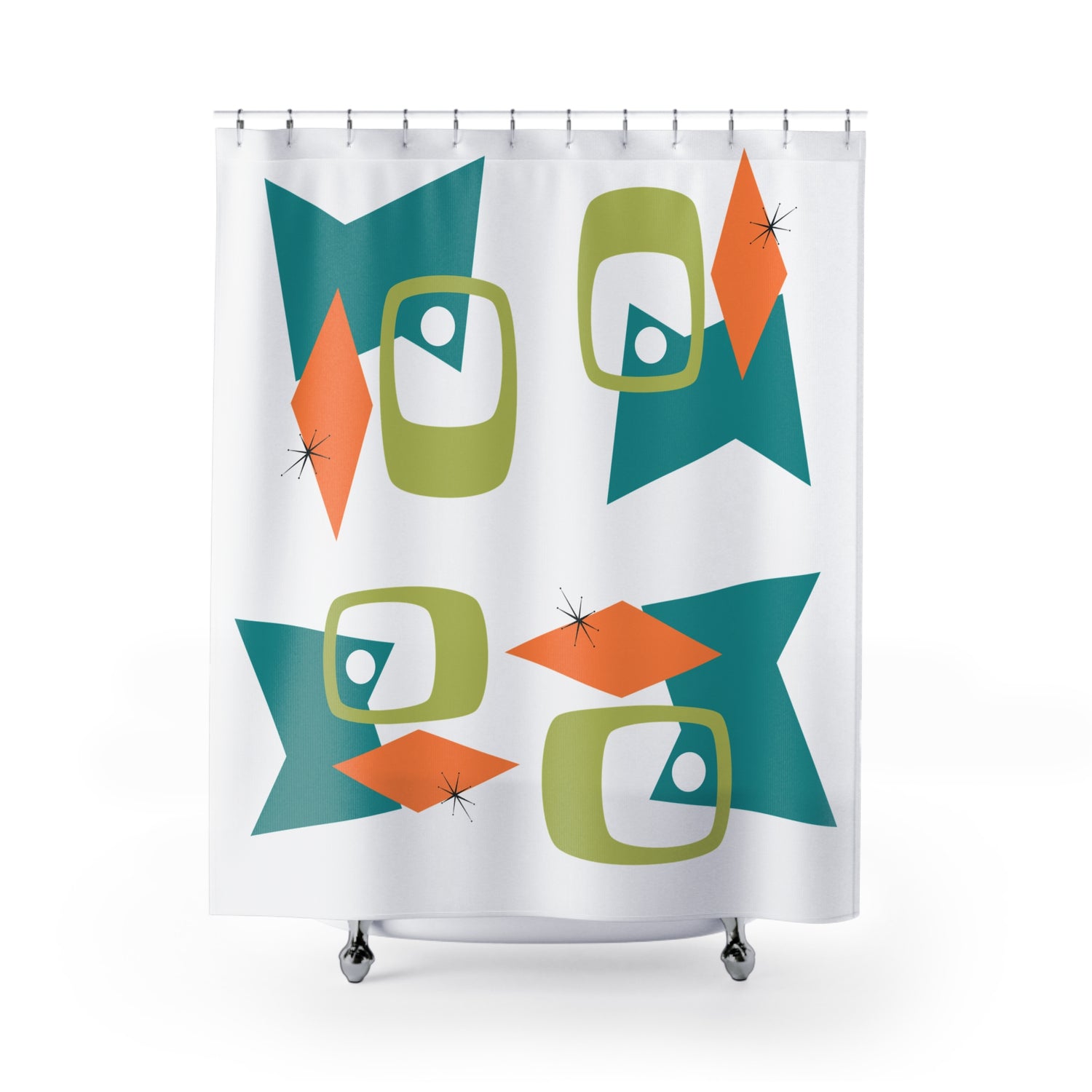 Mid Century Modern Geometric Shower Curtain, Orange, Green, Teal- Stylish Bathroom Decor - Mid Century Modern Gal