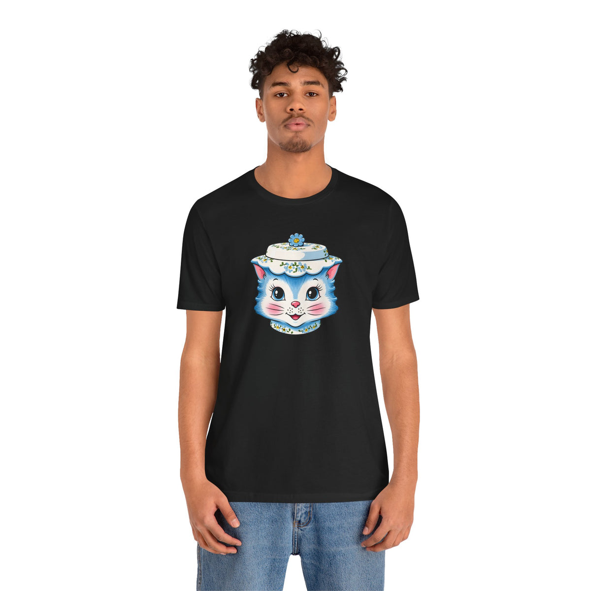 Mid Century Modern Kitschy Anthropomorphic Blue Cat with Floral Hat Unisex T-Shirt