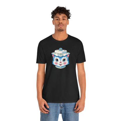 Mid Century Modern Kitschy Anthropomorphic Blue Cat with Floral Hat Unisex T-Shirt