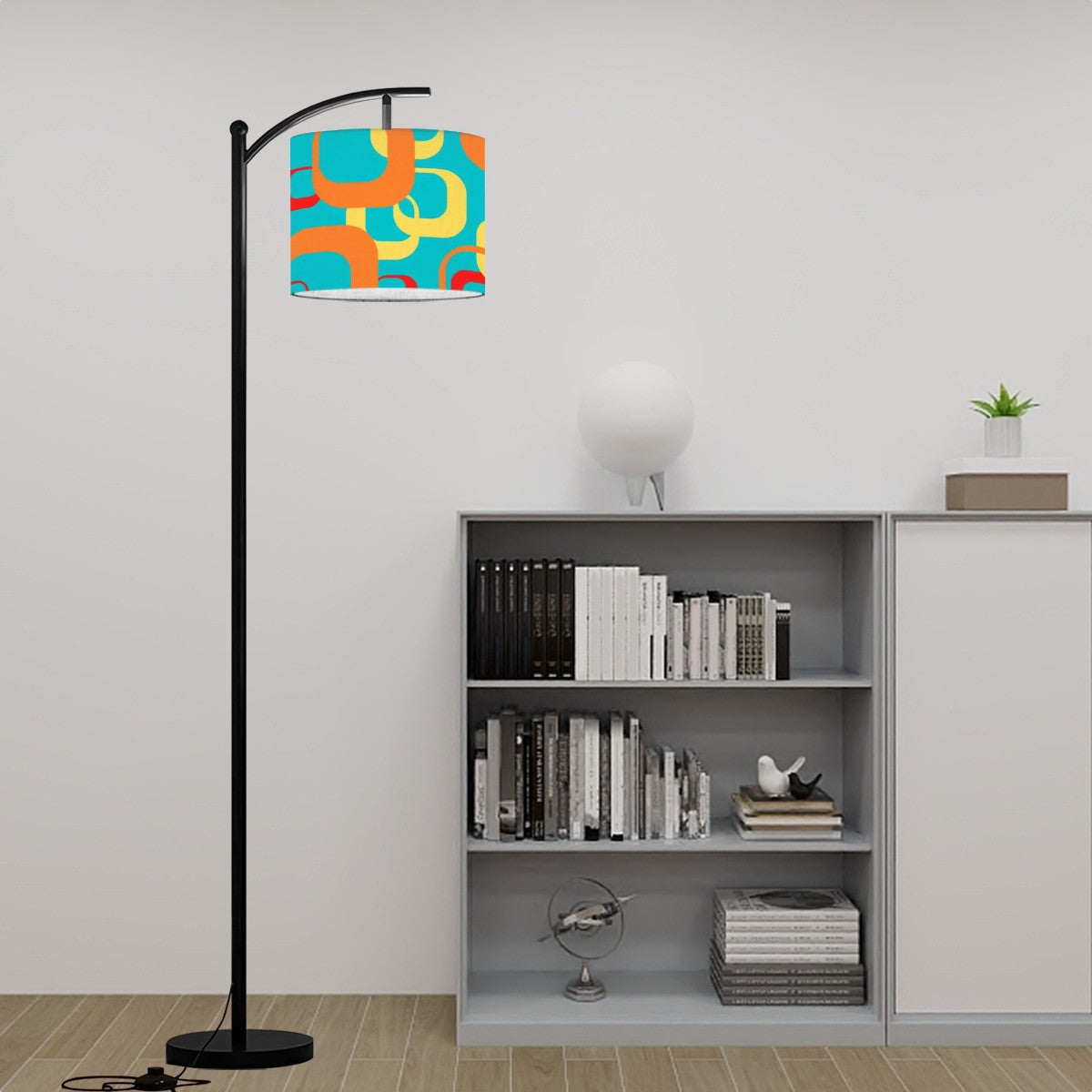 Mid Century Modern Aqua Blue, Orange Yellow, Geometric Designed Arc Floor Lamp - Mid Century Modern Gal
