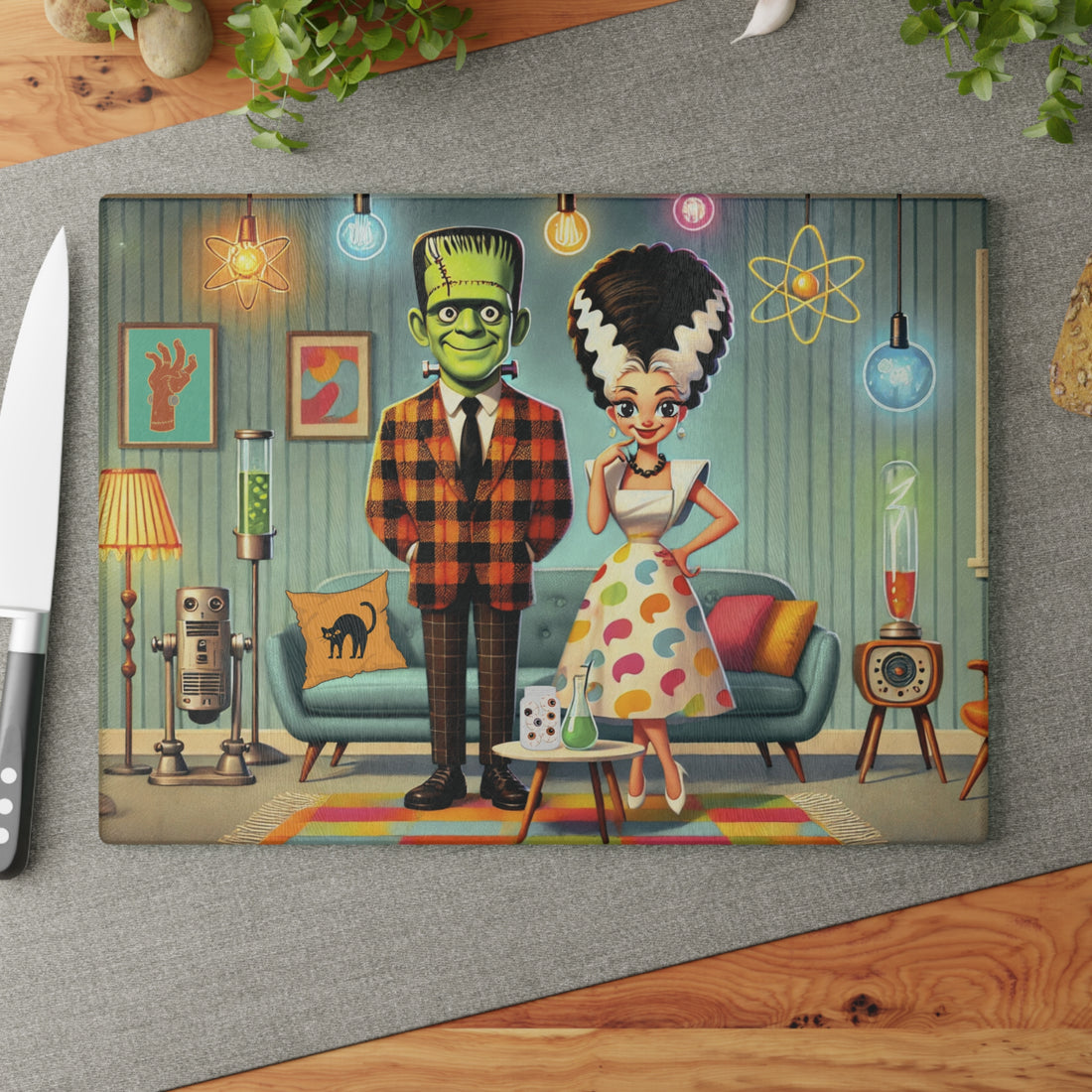 Retro Frankenstein And Bride Monster Glass Cutting Board | Vintage Kitchen Decor Home Barware for Ghoul Friends, Unique Kitchen Art - Mid Century Modern Gal