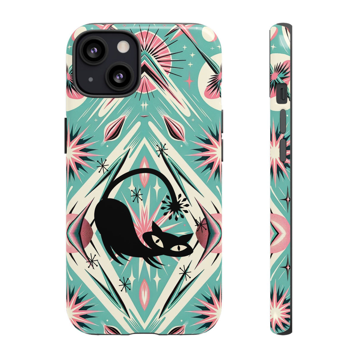Atomic Cat, Mid Century Modern Aqua Blue, Pink, Starbursts Tough Phone Case