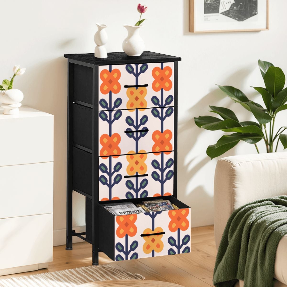 Scandinavian Mid Mod Floral Orange Yellow Blue 4-Drawer Dresser - Mid Century Modern Gal