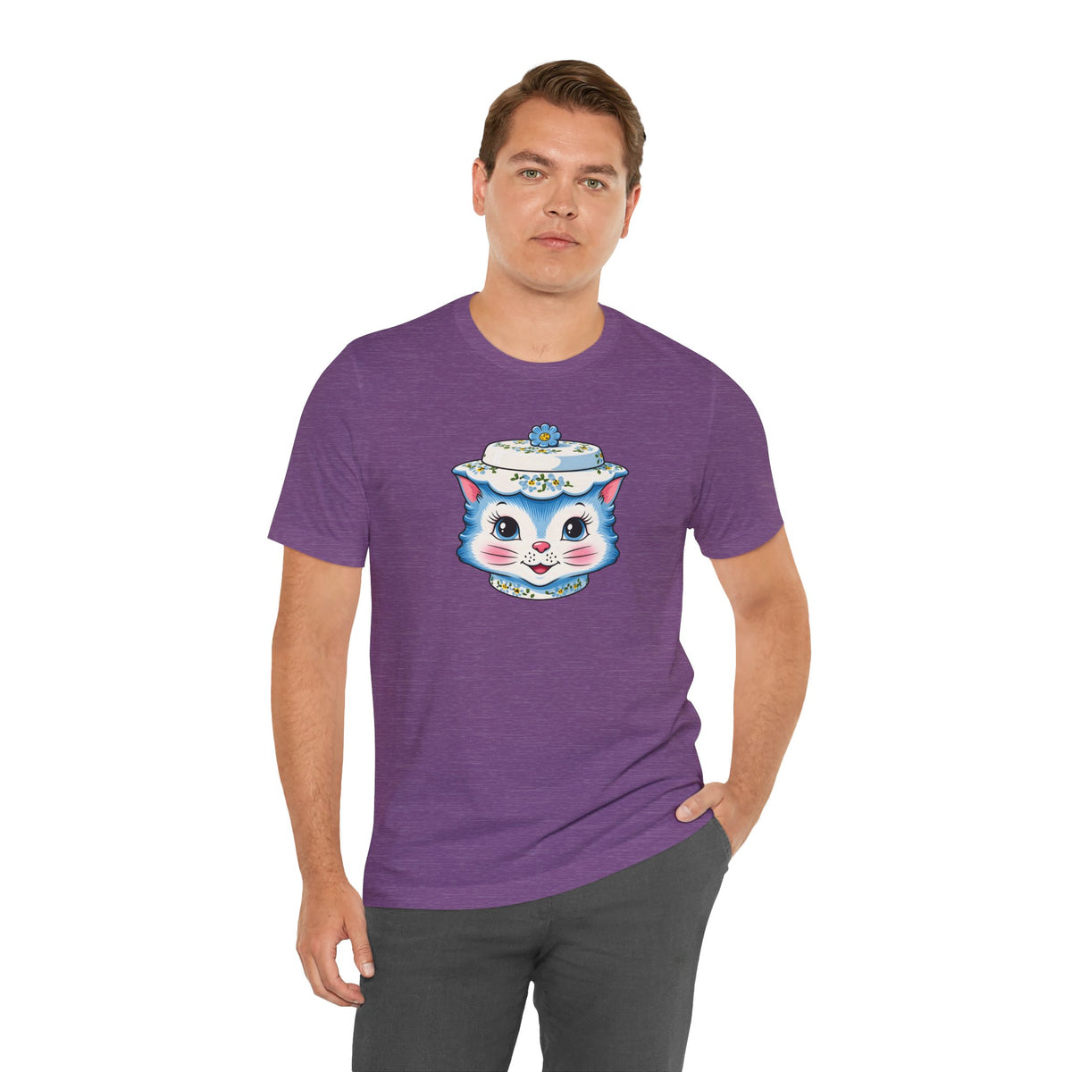 Mid Century Modern Kitschy Anthropomorphic Blue Cat with Floral Hat Unisex T-Shirt