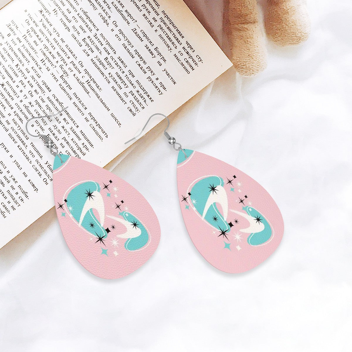 Atomic Cocktail Vegan Leather Teardrop Earring, Pink Aqua Boomerang - Mid Century Modern Gal