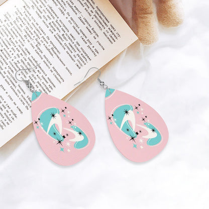 Atomic Cocktail Vegan Leather Teardrop Earring, Pink Aqua Boomerang - Mid Century Modern Gal