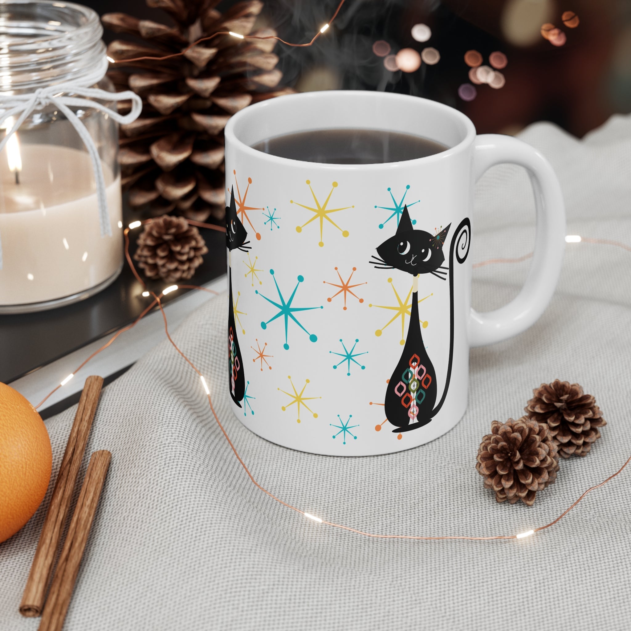 Atomic Cat Starbursts Mid Mod Cuppa Joe Whimsical Cat 11oz Mug - Colorful Retro Design for Cat Lovers - Mid Century Modern Gal