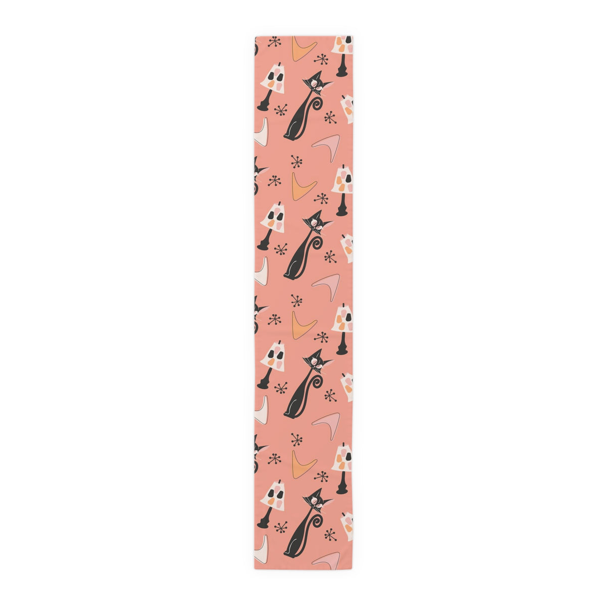 Atomic Cat Table Runner, Coral, Black White Kitties, Boomerang Pattern With Quirky Lamps, Mid Century Modern Table Decor - Mid Century Modern Gal