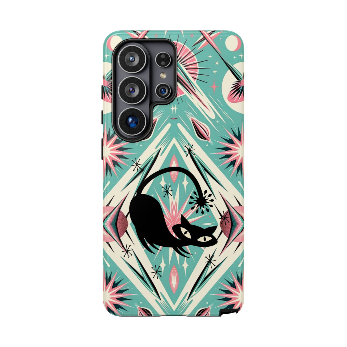 Atomic Cat, Mid Century Modern Aqua Blue, Pink, Starbursts Tough Phone Case