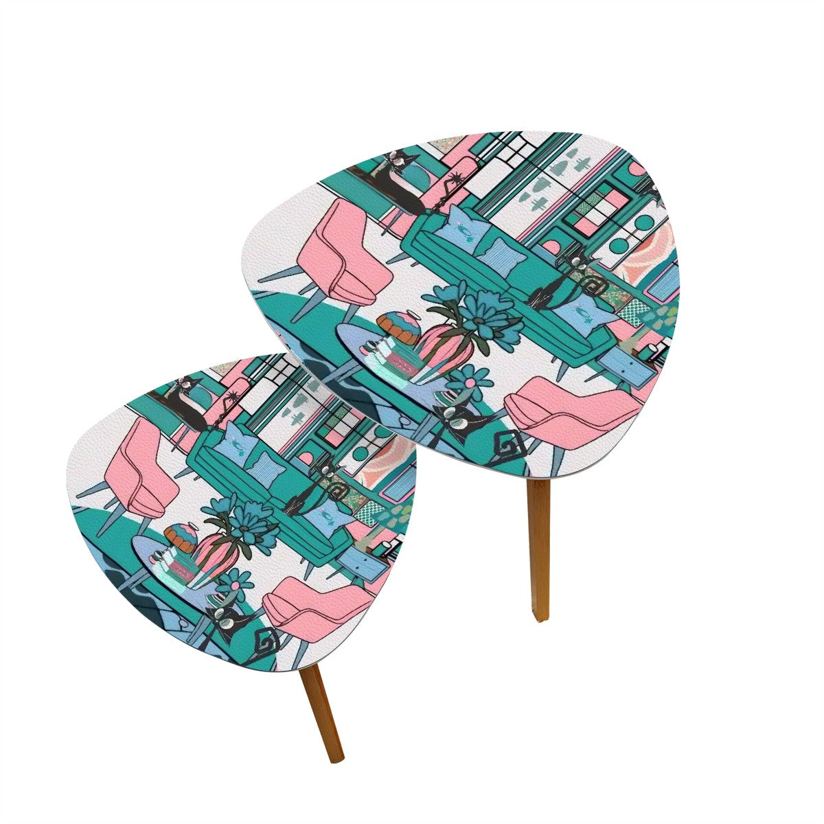 Mid Century Modern Livingroom Nesting Tables, Atomic Cat Kitschy Mod Retro End Tables - Mid Century Modern Gal